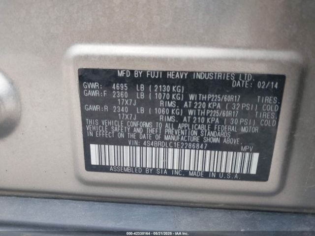 2014 SUBARU OUTBACK 4S4BRDLC1E2286847 Photo 8