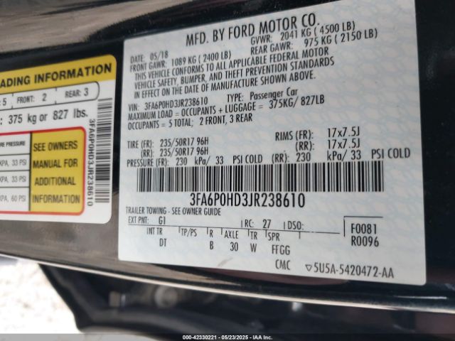 3FA6P0HD3JR238610 Ford FUSION SE