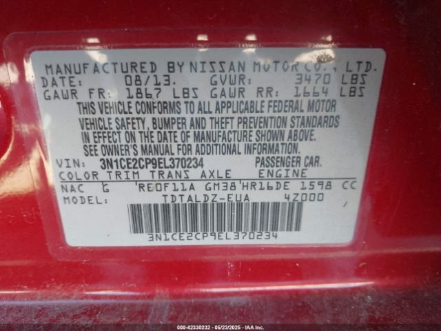 3N1CE2CP9EL370234 Nissan Versa Note Sv