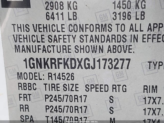 1GNKRFKDXGJ173277 Chevrolet llt - sidi, alum, 60 degrees