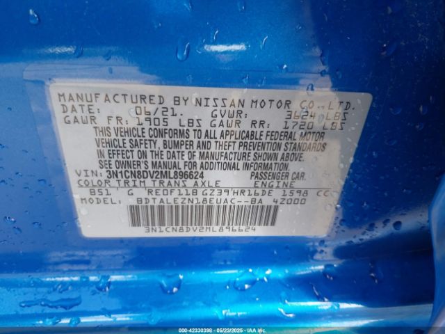 3N1CN8DV2ML896624 Nissan Versa S Xtronic Cvt