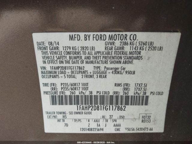 1FAHP2D81FG117862 Ford TAURUS SE