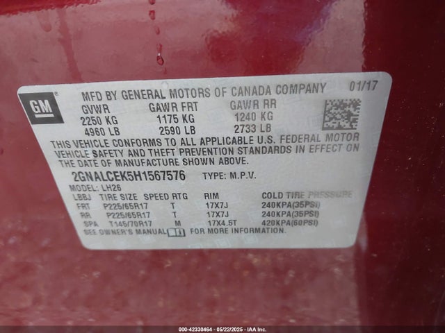 Chevrolet EQUINOX LT 2017 2GNALCEK5H1567576 Image 9