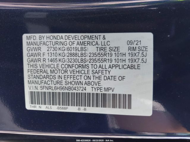 2022 HONDA ODYSSEY 5FNRL6H96NB043724 Photo 8