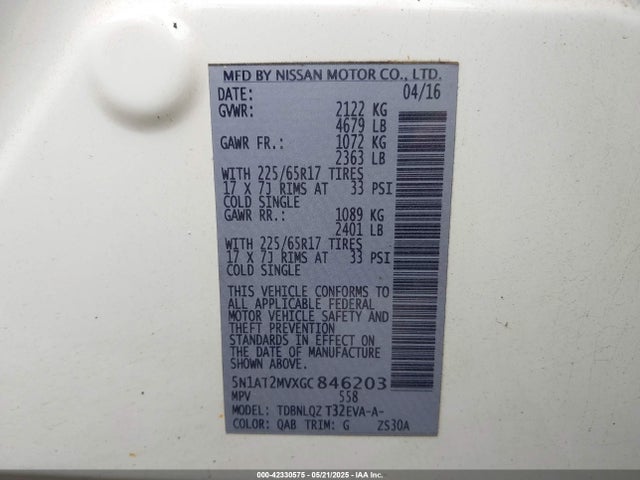 5N1AT2MVXGC846203 Nissan ROGUE SV