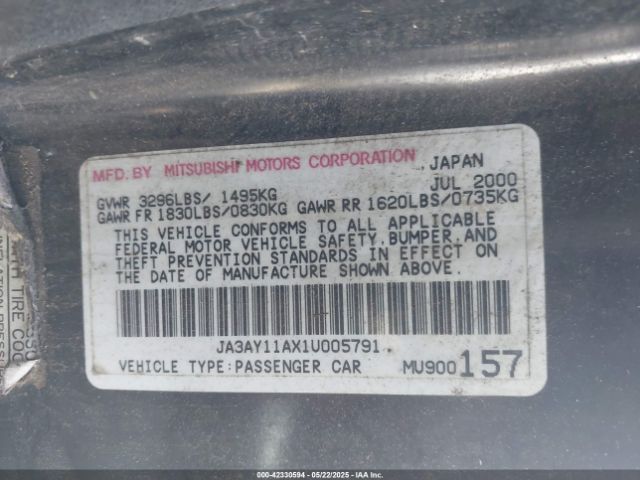 2001 MITSUBISHI MIRAGE JA3AY11AX1U005791 Photo 8