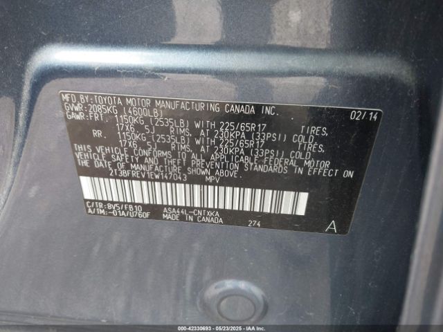 2T3BFREV1EW147043 Toyota RAV4 LE