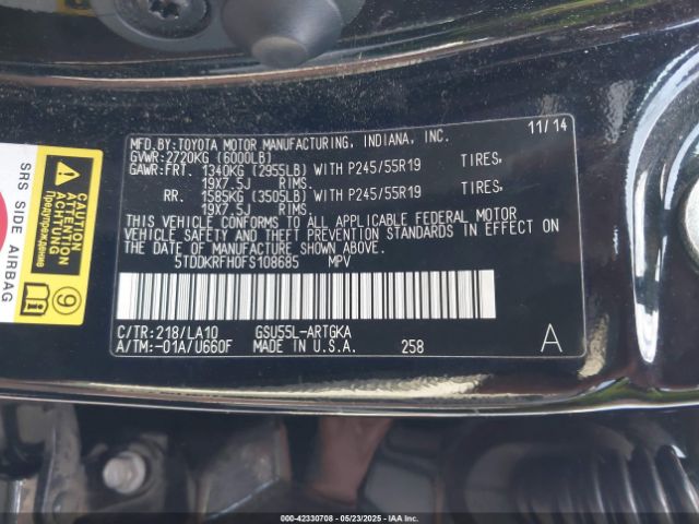 2015 TOYOTA HIGHLANDER 5TDDKRFH0FS108685 Photo 8