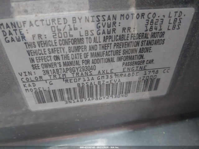 3N1AB7AP8GY293040 Nissan Sentra Fe+ S/s/sl/sr/sv