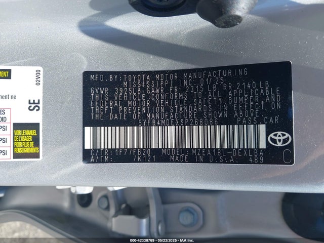 Aukcja sprzedaży 2025 Toyota Corolla Le, vin: 5YFB4MDEXSP268086, numer aukcji: 42330769