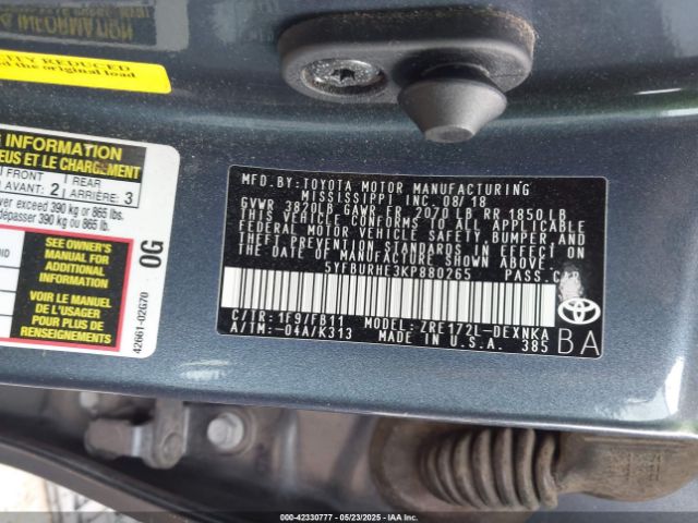 5YFBURHE3KP880265 Toyota 2zr-fe