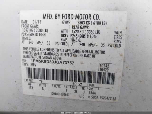 2018 FORD EXPLORER 1FM5K8D89JGA73757 Photo 8