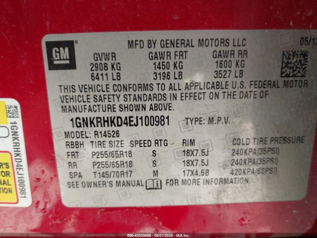 1GNKRHKD4EJ100981 Chevrolet Traverse 2lt