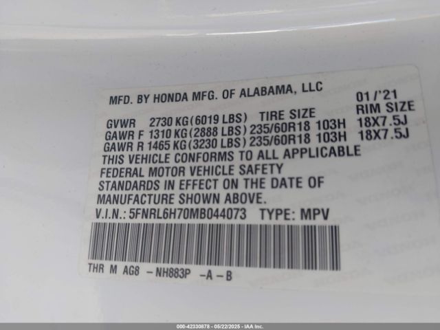 2021 HONDA ODYSSEY 5FNRL6H70MB044073 Photo 8