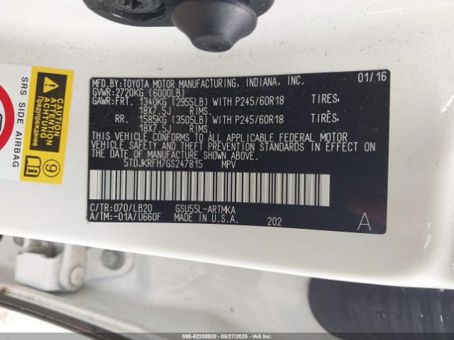 5TDJKRFH7GS247815 Toyota Highlander Xle V6