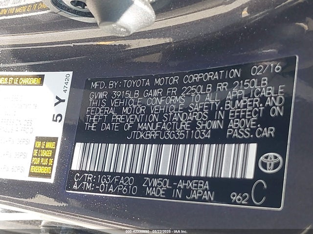JTDKBRFU3G3511034 Toyota 2zr-fxe,1nm