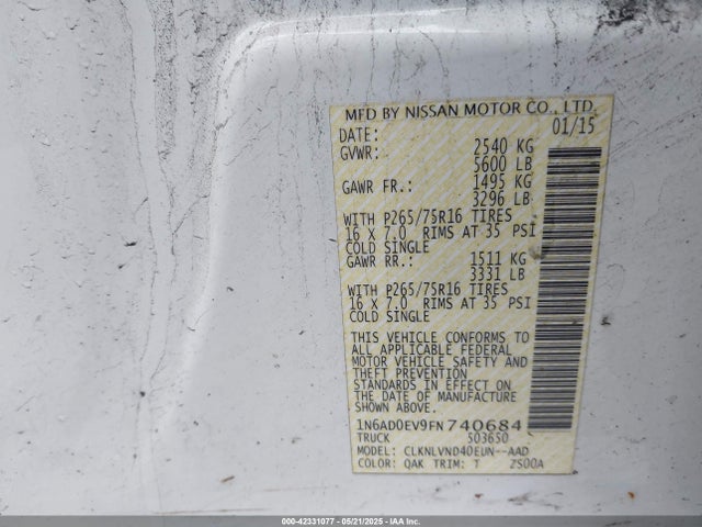 1N6AD0EV9FN740684 Nissan Frontier Pro-4x/s/sl/sv