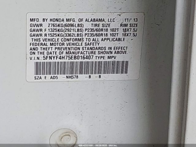 5FNYF4H75EB016407 Honda Pilot Ex-l