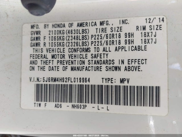 Honda Cr-v Touring 2015 5J6RM4H92FL019964 Image 9
