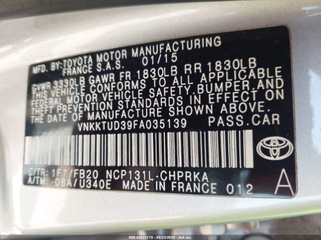 VNKKTUD39FA035139 Toyota 1nz-fe