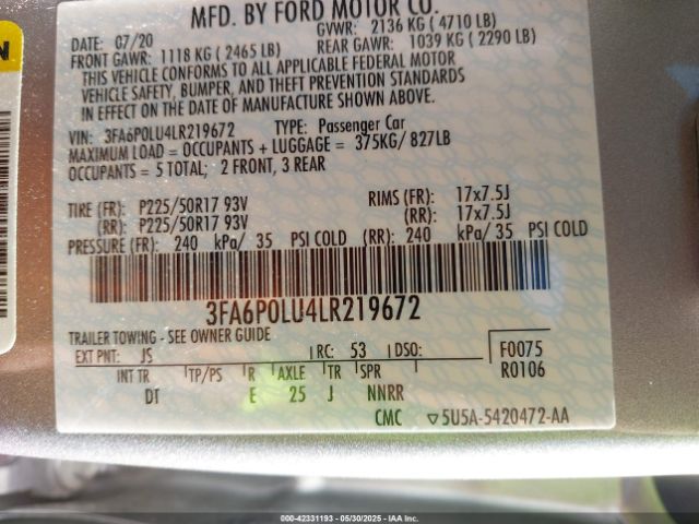 3FA6P0LU4LR219672 Ford 2.0l 4v atk hev