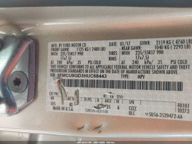 1FMCU9GD3HUC68443 Ford ESCAPE SE