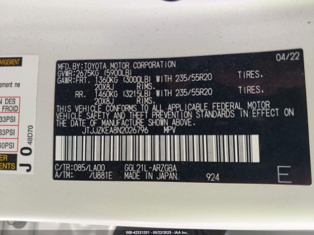 JTJJZKEA8N2026796 Lexus Rx 350l Luxury