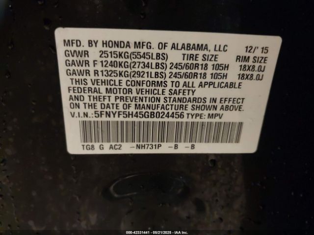 5FNYF5H45GB024456 Honda Pilot Ex