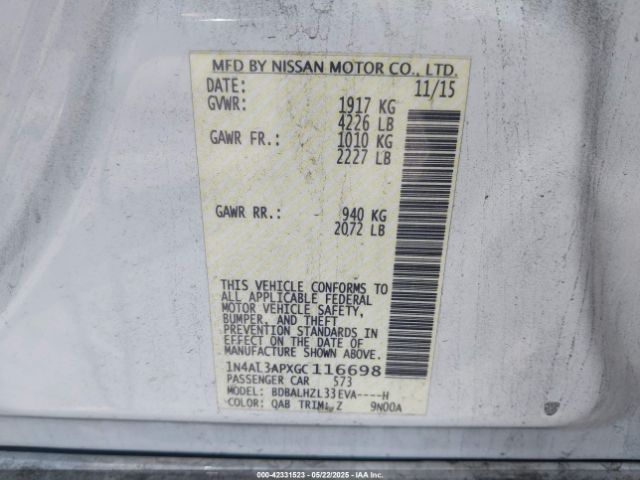 1N4AL3APXGC116698 Nissan Altima 2.5 Sr