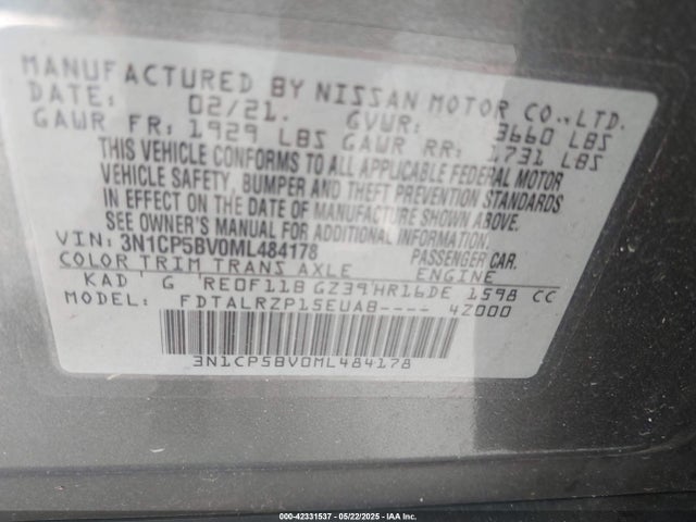 3N1CP5BV0ML484178 Nissan Kicks S Xtronic Cvt