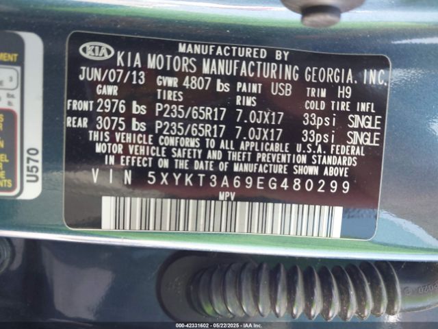 5XYKT3A69EG480299 KIA SORENTO LX