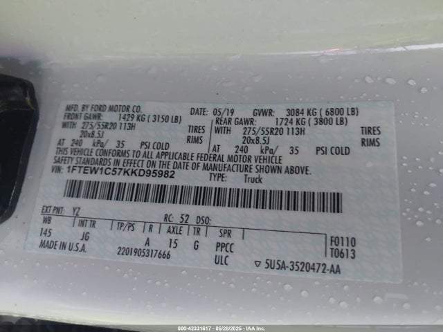 Ford 5.0l 4v 2019 1FTEW1C57KKD95982 Image 9