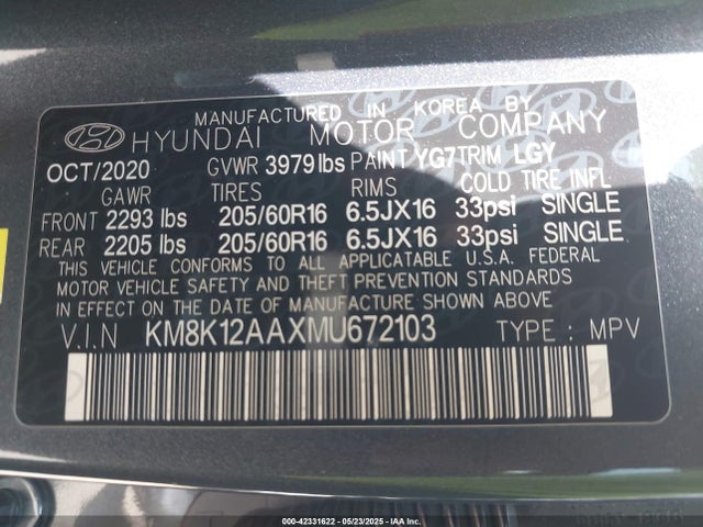 KM8K12AAXMU672103 Hyundai mpi nu