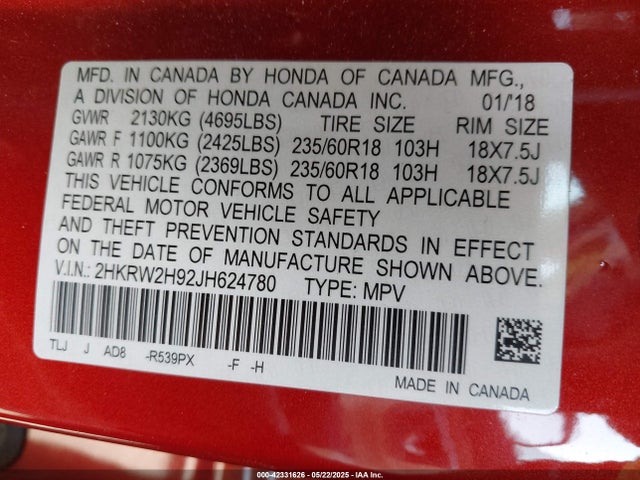 2HKRW2H92JH624780 Honda l15be