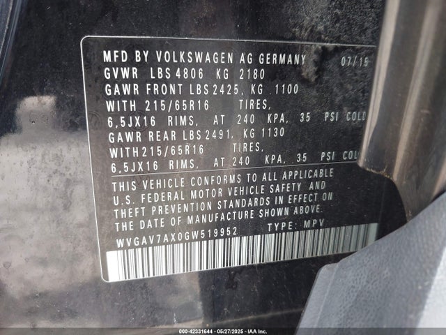 WVGAV7AX0GW519952 Volkswagen TIGUAN S