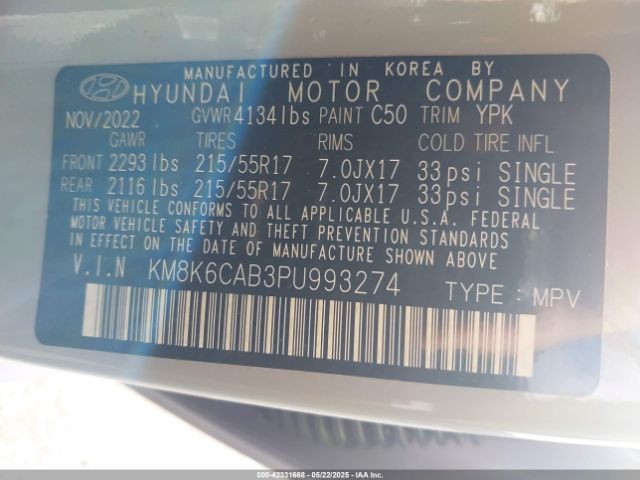 KM8K6CAB3PU993274 Hyundai Kona Sel
