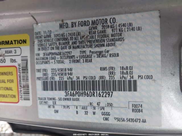 2013 FORD FUSION 3FA6P0H96DR162297 Photo 8