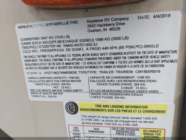 4YDT18027KM930030 Coleman Keystone
