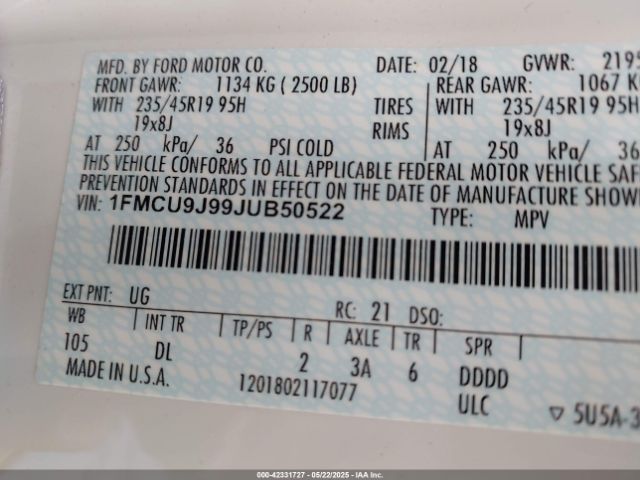 1FMCU9J99JUB50522 Ford Escape Titanium