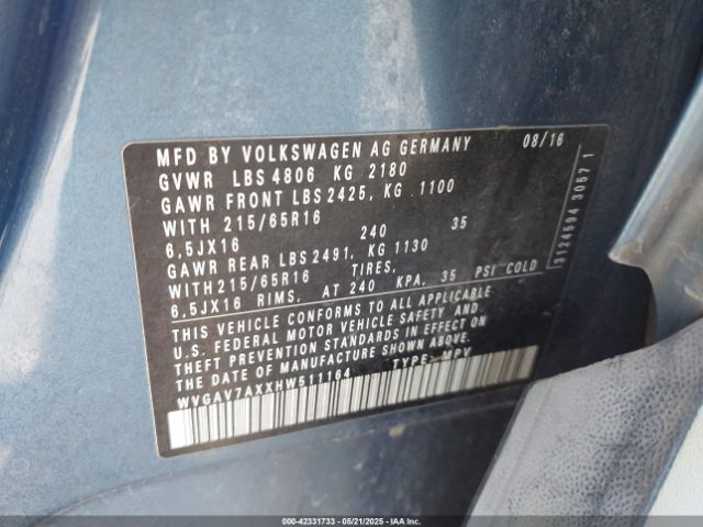 WVGAV7AXXHW511164 Volkswagen 2.0 tsi