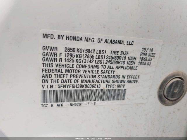 5FNYF6H39KB036213 Honda j35y6