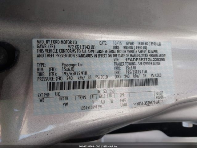 1FADP3E27GL225295 Ford FOCUS S