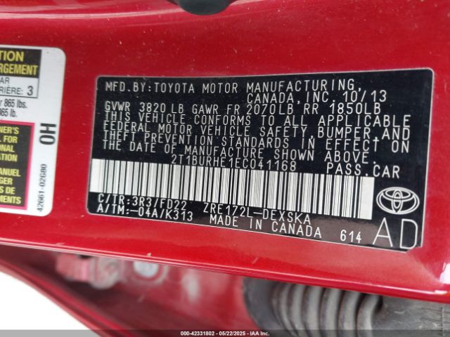 2T1BURHE1EC041168 Toyota 2zr-fe
