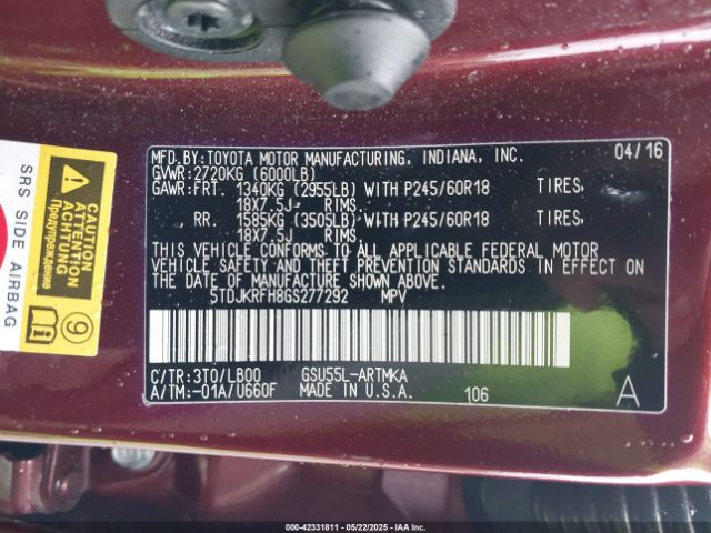 5TDJKRFH8GS277292 Toyota Highlander Xle V6