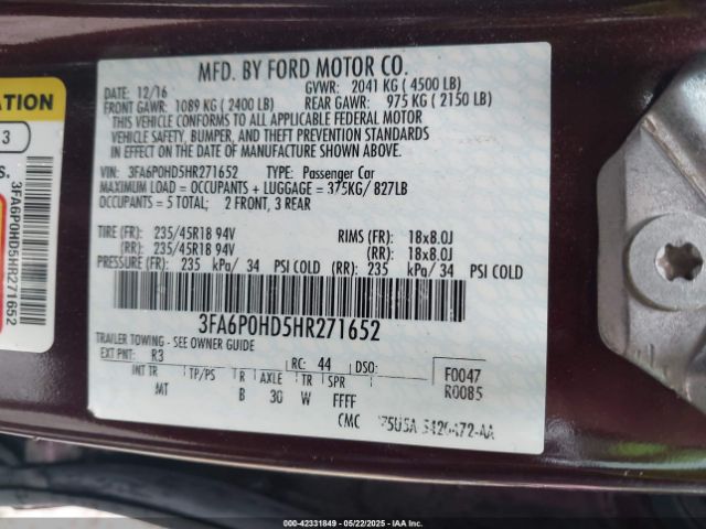 3FA6P0HD5HR271652 Ford FUSION SE