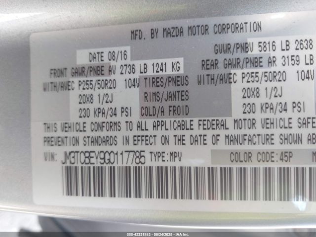 2016 MAZDA CX-9 JM3TCBEY9G0117785 Photo 8