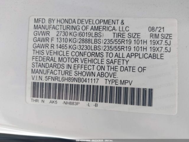2022 HONDA ODYSSEY 5FNRL6H89NB041117 Photo 8