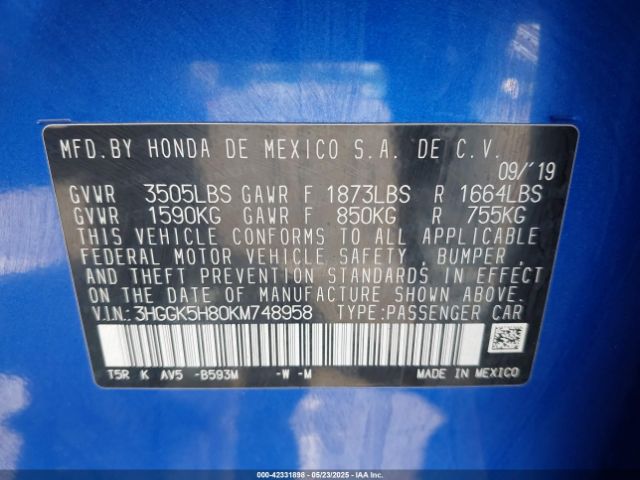 3HGGK5H80KM748958 Honda FIT EX