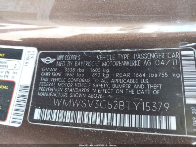 2011 MINI COOPER S WMWSV3C52BTY15379 Photo 8