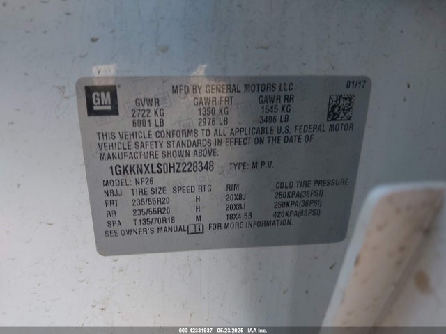 1GKKNXLS0HZ228348 GMC lgx - di: direct injection, vvt: variable valve timing, alum, gen 2